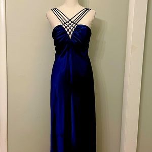 Stunning blue satin with criss cross crystal embellished neckline.